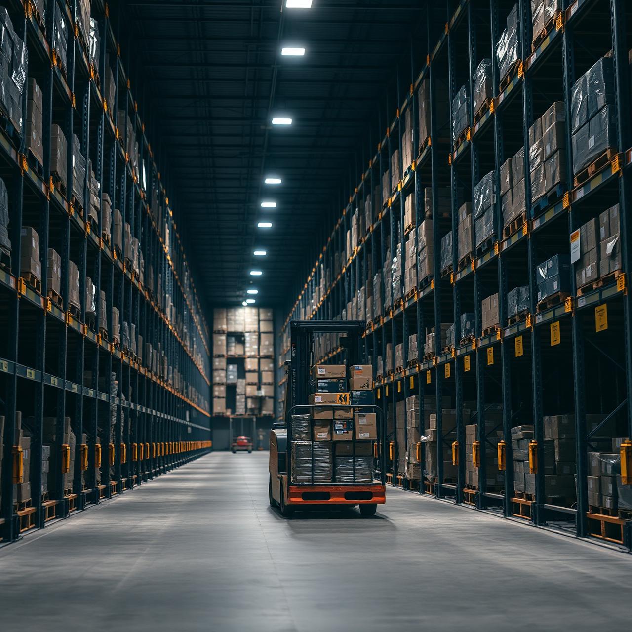 Forklift moving pallets in warehouse aisle
