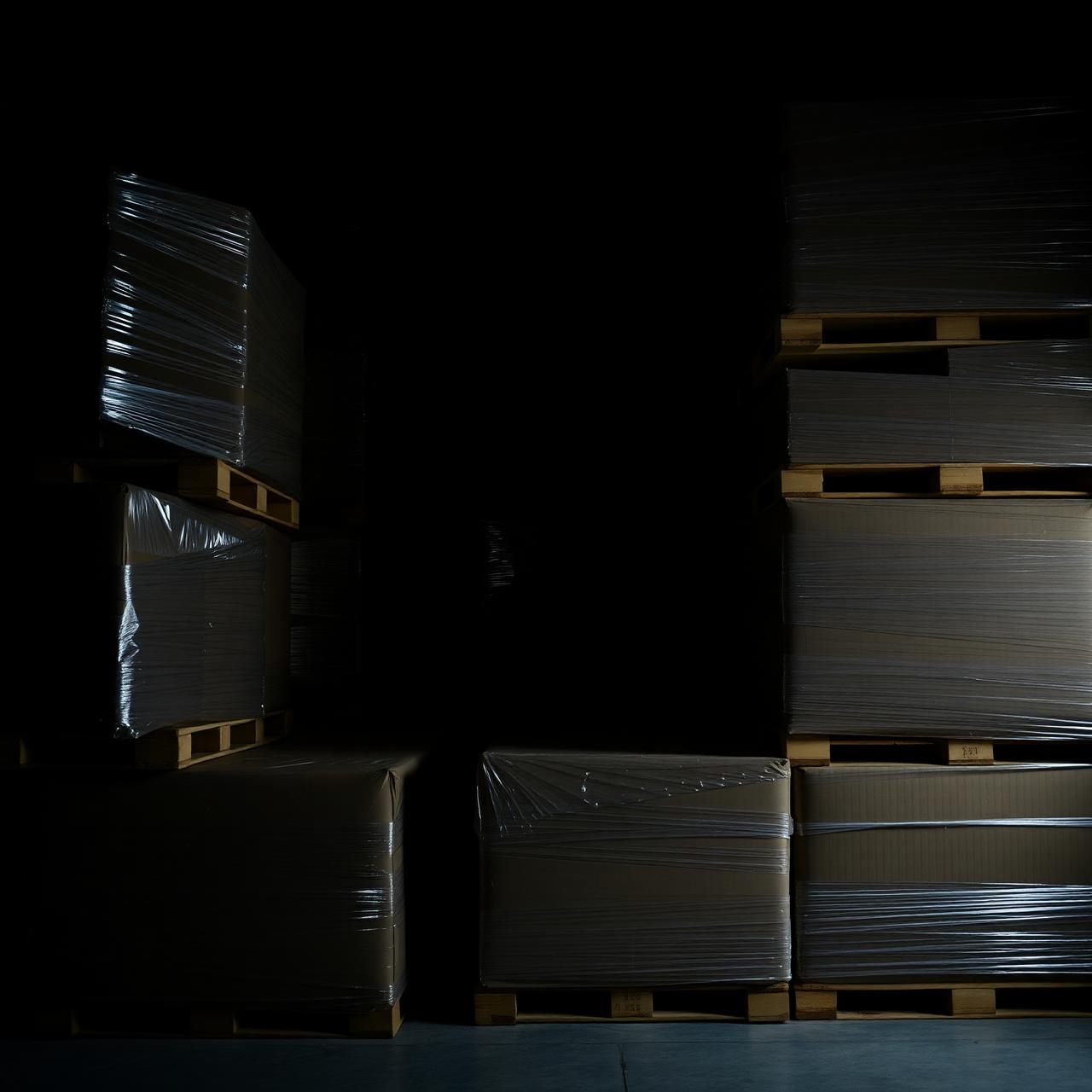 Shrink-wrapped pallets stacked in warehouse