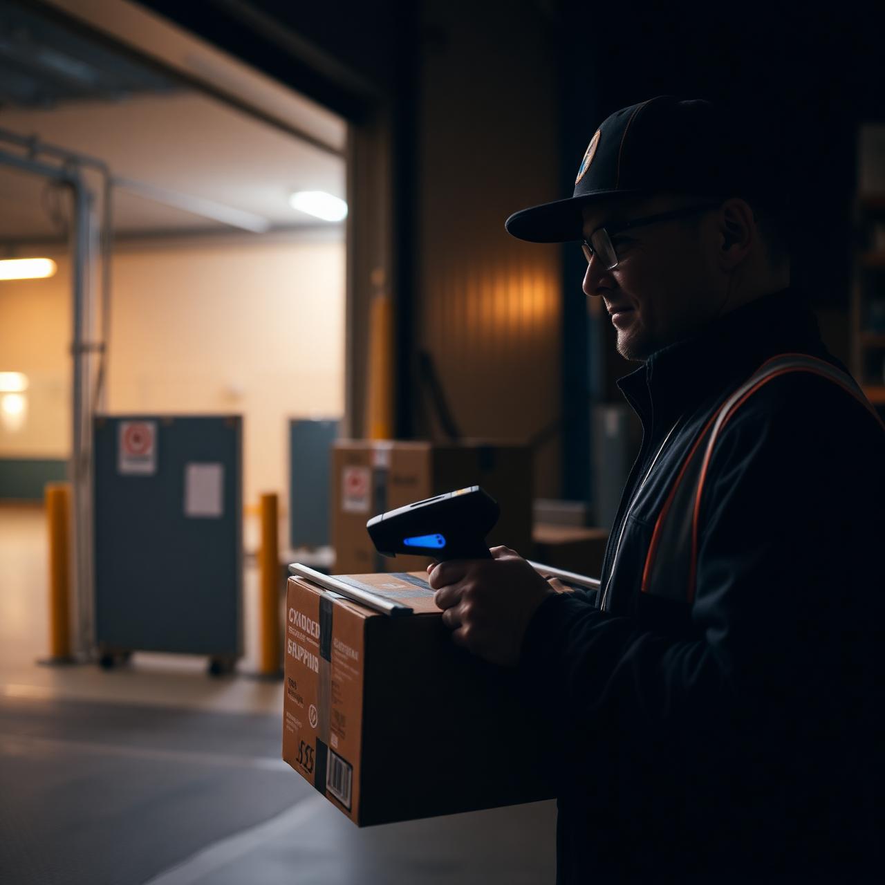 Worker scanning shipping box barcode