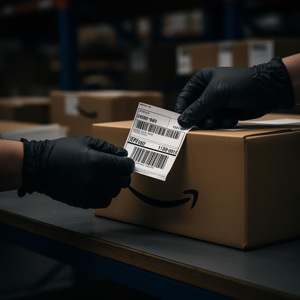 Worker labeling Amazon FBA shipping box