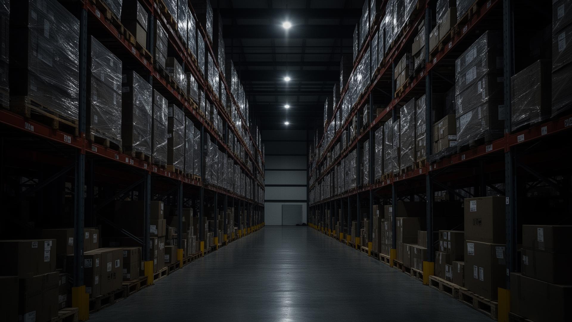 Dark warehouse aisle with pallet racking